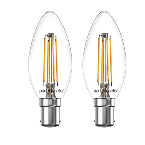 paul russells LED Candle Filament Light – 4.5W 40W Equivalent Replacement, 470LM Lumens, 2700K Warm White, SBC B15 Small Bayonet Cap C35 Bulbs – Bright Energy Saving Non-Dimmable Lamps - 2 Pack