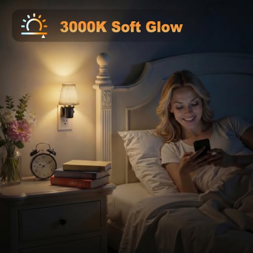 Image of JandCase LED Night Lights Plug into Wall, Linen Fabric Round Vintage Nightlight, Decorative Night Light with Dusk to Dawn Sensor, 0-100LM Dimmable, for Bedroom Living Room Hallway
