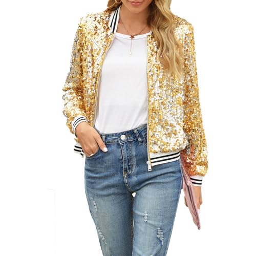 Damen Pailletten Jacke Sparkly Langarm Front Reißverschluss Bomberjacke Casual Loose Fit Going Out Coat Streetwear, A-Gold, L