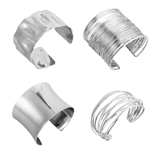 4 Pcs Chunky Gold Bracelets for Women, Adjustable Open Wide Gold Bangles Set, Chunky Bracelets for Women, Punk Style Stackable Gold Arm Cuff Jewelry for Layered Look (Gold, Silver)