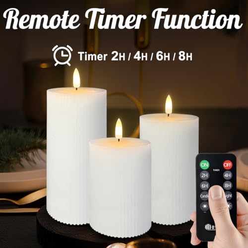 Image of LEDHOLYT Rechargeable Flameless LED Pillar Candles-Luminous Real Wax Indoor Home Decor-Set of 3, Realistic Flickering LED Flame,Remote & Timer, USB-Rechargeable（White）