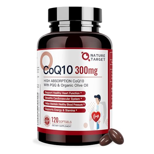 NATURE TARGET CoQ10-300mg-Softgels + PQQ with Organic-Olive-Oil - High Absorption-Coenzyme-Q10 - Antioxidant-for-Heart-Health and Immune Support Energy Production 120 Servings
