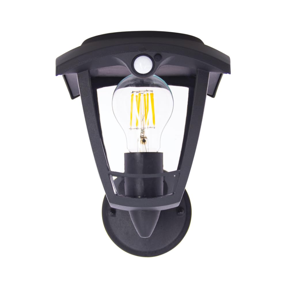 Xanlite Applique Murale Solaire Rétro Noire LED avec Détecteur de Mouvement, IP44, 400 Lumens, 3000K Blanc Chaud, Autonomie 33h – Éclairage Décoratif Solaire Intelligent pour Jardin ou Terrasse
