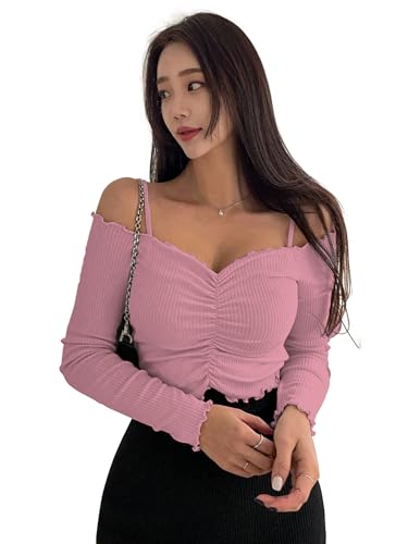 Image of Sugathari Women's Purple Solid Colour Open Cold Off Shoulder Long Sleeve Lettuce Hem Casual Autumn Trim Tight- Slim Fitting Ruched Front Ladies' Camisole Top, Tee, T-Shirt (T-Shirt 184)