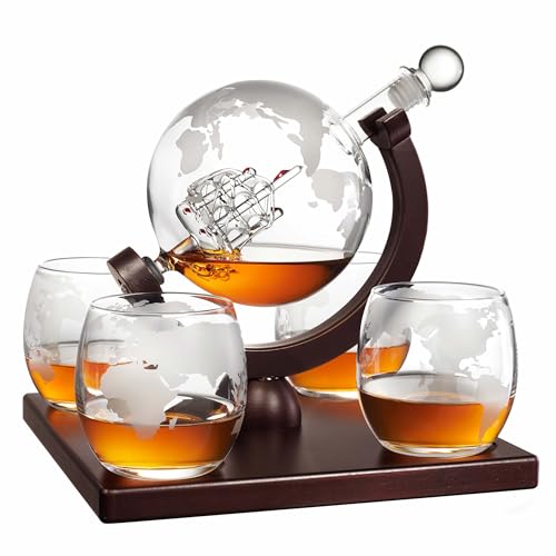 Whiskey Decanter Globe Set for Men with 4 Glasses Bourbon Rum Scotch Crystal Clear Decanter Sets - Whiskey Gifts for Men Dad Him (Globe Decanter)
