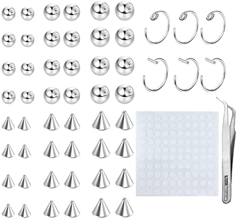 TEN MIRO Fake Eyebrow Ring Fake Lip Labret Studs Replacement Balls Spike with 100Pcs Sticker Non-Piercing Nose Rings Hoop Body Jewelry Fake Skin Piercing 3MM 4MM 5MM(Silver)