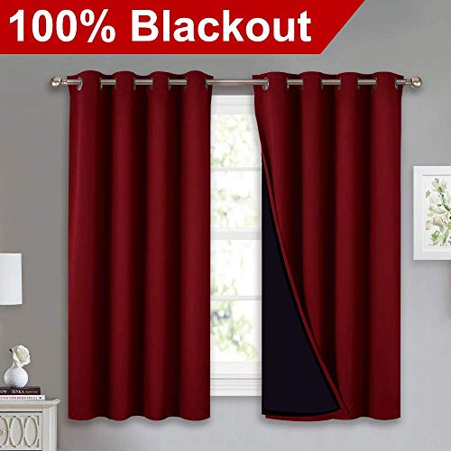Image of NICETOWN Kitchen Full Blackout Curtain Panels, Super Thick and Soft Insulated Window Covers, 100% Blackout Draperies with Black Backing for Cafe Window (Burgundy Red, Set of 2 PCs, 52 by 54-inch)