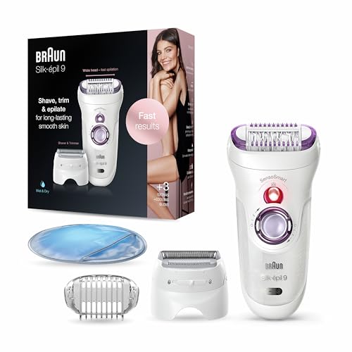 Braun Silk-épil 9 Epilator for Women, for Long-Lasting Hair Removal with 40 Tweezers, Electric Shaver & Trimmer, Cooling Glove, Wet & Dry, 100% Waterproof, 9-710, White