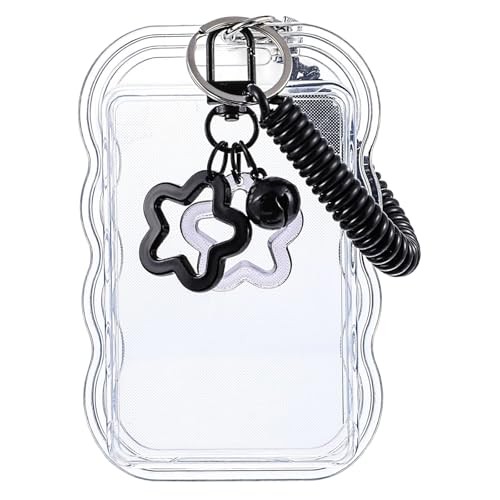 Marco de Fotos Lindo Estilo Kpop con Llavero, Acrílico Kpop Photocard Holder con llavero para Tarjeta de Bus y de Estudiante, Portafotos, con anillo de resorte y colgante estrella, Negro