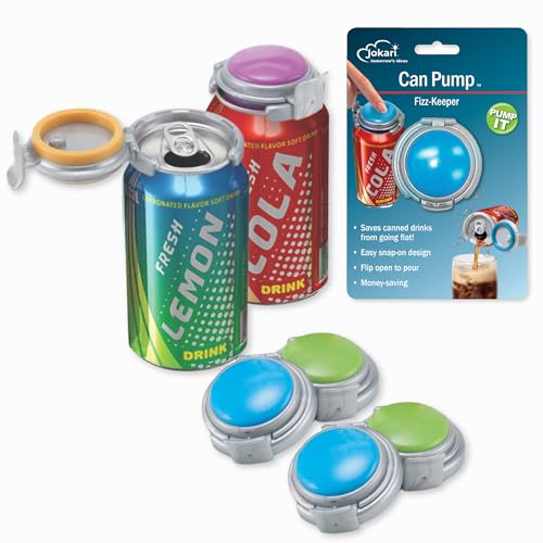 Jokari 2 Click Fizz Keeper Pump and Pour for 12oz Cans 4 Pack Carbonation Preserver with Pump Top for Soda Beer and Seltzer Airtight Spillproof Can Cap for Freshness and Travel Use