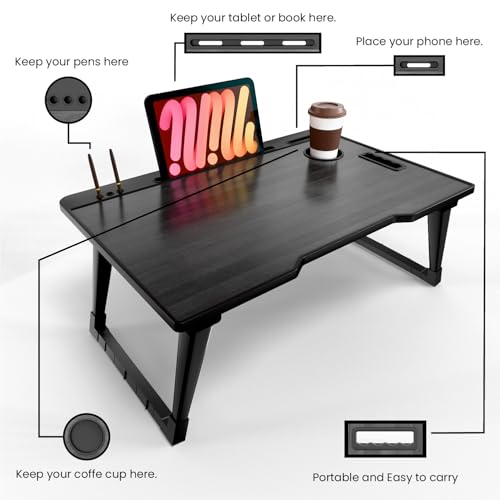 Image of Foldable Wooden Mini Laptop Table for Bed, Study Table with Drawer, Tablet /Mobile Holder for Kids & Adults (COTED Black)