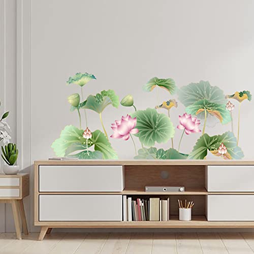 Superdant 2 Sheets/Set Lotus Pattern Pvc Wall Sticker Green Plants Vinyl Wall Decal Colorful Pvc Wall Art Chinese Ink Painting Theme Wall Decals For Living Room Bedroom Dinging Room Decor 15"X27" #TOP2