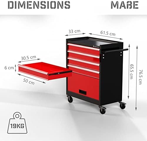 TIMBERTECH® Stahl Werkstattwagen mit 4 Schubladen & Feststellbremse - Rot-Schwarz Rollwagen für Werkstatt Werkzeug