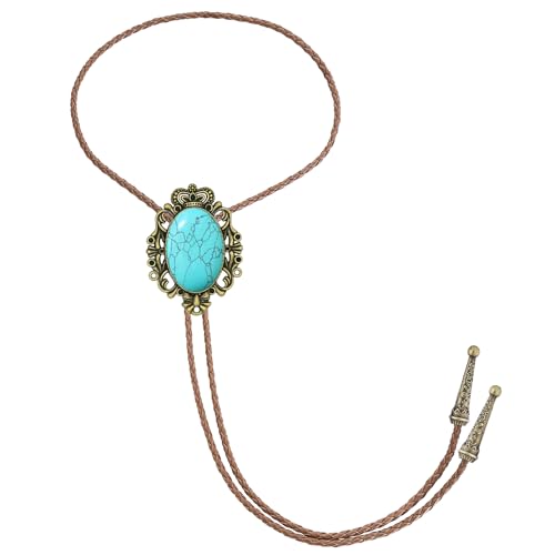 Image of GelConnie Bolo Tie for Men Women Western Cowboy Turquoise Leather Necktie | Natural Stone Bolo Tie Necklace for Women Rodeo Cowboy Leather Necktie Native American Western Cowgirl Ties Adjustable Cord
