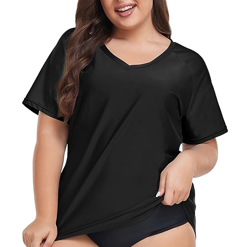 FOREYOND Plus Size Rash Guard Shirt for Women Short Sleeve Swimingsuit Top UV UPF 50+ Sun Protection Summer Swim Shirts