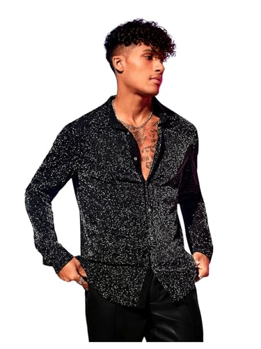 Floerns Men's Button Front Long Sleeve Glitter Lapel Collar Streetwear Shirt4