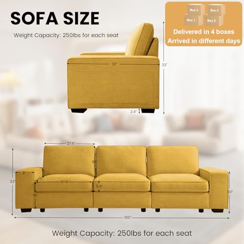 Image of TEKAMON 100 inch Modular Sofa with Seats Storage, Comfy 3-Seater Chenille Fabric Couch for Living Room, Office, Apart W /Deep Seat, USB Charging, Upholstered Couch with Removable Cover(Yellow)