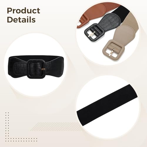 Women Elastic Wide Belt, 3 Pcs Fashion Waist Belt for Women, PU Leather Dress Cinch Belts with Square Buckle, 29.5 x 2.3 Inches(three color)3