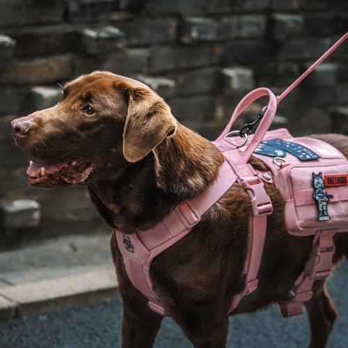 OneTigris Service Hundegeschirr, Guardian Geschirr mit 3 Edelstahl D-Ringen und Großer Kapazität Tasche, Sicherheitsgeschirr für Mittelgroße Große Hunde Rosa,M