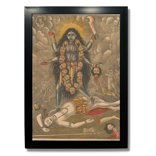 Image of Kagaz Kala - Vintage Art Prints - Hindu God Photos with Frames For Pooja Room Bedroom Living Room Decor Gifts Framed (Goddess Kali)