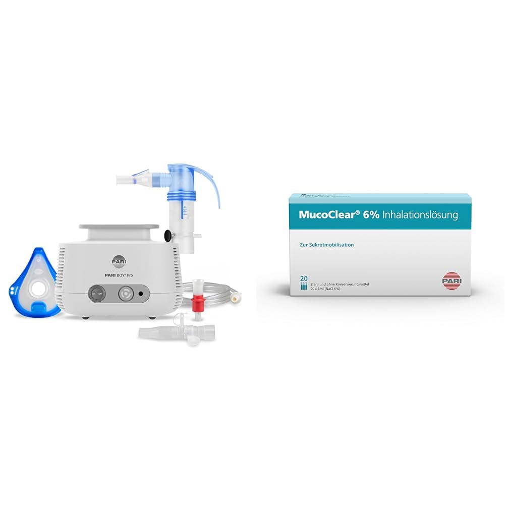 Bundle aus PARI BOY Pro Inhalationsgerät Erwachsene und Kinder – Inhalator zur Therapie von Atemwegserkrankungen + PARI MucoClear 6% NaCl - Hypertone Kochsalzlösung zum Inhalieren -20 Ampullen je 4 ml