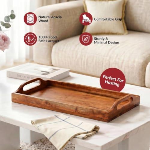 Image of Nestasia Wooden Serving Tray with Handles (36x20cm) - Acacia Wood Rectangular Brown Tray for Dining & Coffee Table | Platter for Serving Tea, Cakes, Snacks, Breakfast & Home Decor (Deep Brown)