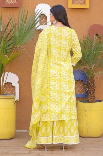 Image of PARTHVI Women's Printed Calf Length Straight Kurta & Skirt With Dupatta Set
