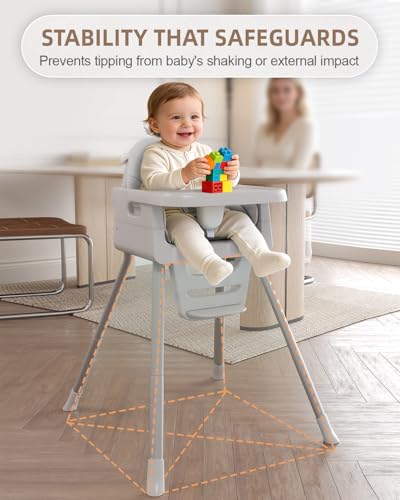 Image of Baby High Chair for 6 Months+, Foldable High Chairs for Babies and Toddlers, Convertible High Chair, Adjustable Tray & Footrest, Portable High Chair & Easy to Clean(Gray)