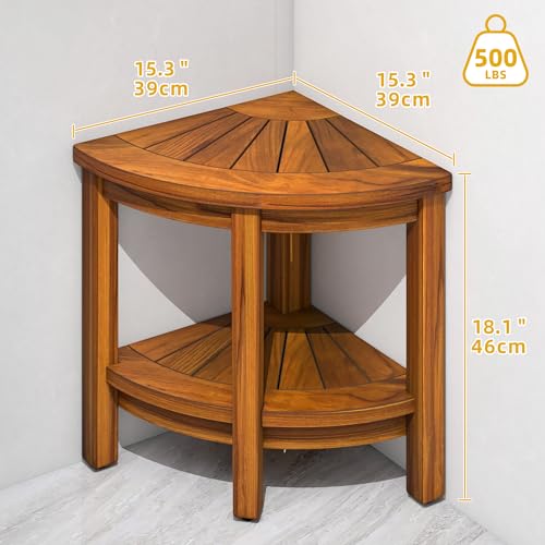 DWVO-Teak-Shower-Bench-18-Shower-Stool-Corner-Bench-with-Storage-Shelf-Corner-Seat-for-Inside-Shower-Shower-Stool-Seat-with-Non-Slip-Feet-for-Bathroom-Living-Room-Indoor-and-Outdoor-Use