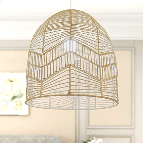 Hand-Woven Rattan Pendant Light, Natural Bamboo Basket Light Fixture Chandelier with Metal Canopy for Kitchen Island Dining Living Room (13.7" x 13.7") - 1 Pack Not Included Bulb