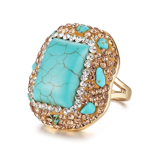 HZMAN - Anillo de turquesa para mujer, estilo retro, con circonita cúbica, piedra turquesa, bohemia, regalo de joyería, Piedra, Turquesa