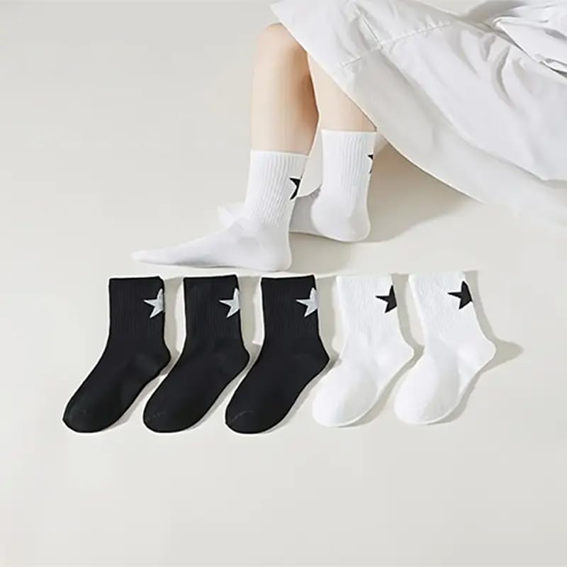 6 Pairs Black and White Star Mid-Calf Socks, Versatile Trendy Athletic Socks With Ribbed Cuff, Perfect For Casual Or Sporty Outfits