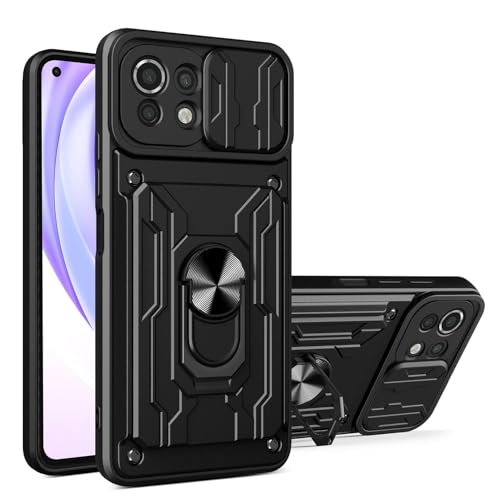 ILING Billetera Funda para Xiaomi 11 Lite 5G NE/Xiaomi Mi 11 Lite, Ultradelgado Mate Dura PC Carcasa Antigolpes Silicona Cubierta con Tarjetero, Anillo Soporte, Tapa Cámara Deslizante (Negro)