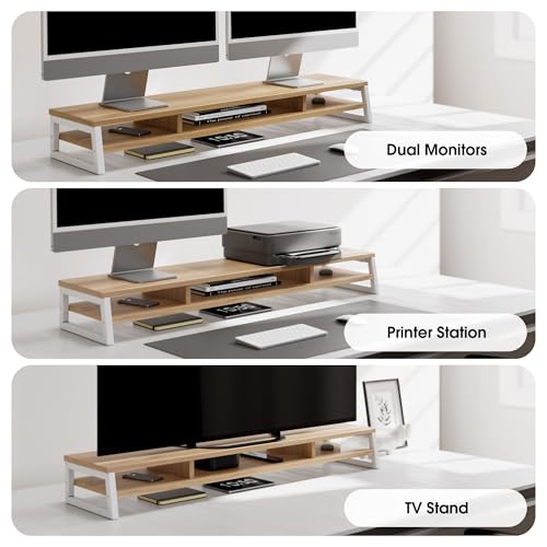 Image of Fenge Dual Monitor Stand for Desk, 42.5in Large Monitor Riser for 2 Monitors, 2 Tier Computer Office Desk Top Shelf, Desktop Storage Stand for Laptop, PC, Computer, Printer