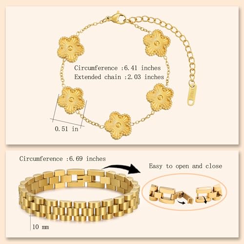 Stackable Four Leaf Clover Bracelets for Women, 18K Gold Plated Bangle Bracelets Set, 2 Pcs Charm Jewelry Gifts4