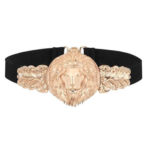 Women Long Golden Lion Head Wide Elastic Fabric Band PU Leather Waist Belt