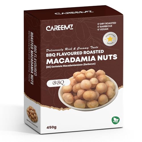 CAREEMZ Nueces de macadamia tostadas, selladas al vacío para mayor frescura, el mejor refrigerio gourmet (450g, Barbacoa)