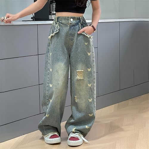 Little Girls Ripped Jeans Kids Raw Hem Bow Print Denim Pants Youth Wide Leg High Waisted Buttons Strechy Fashion Y2K Clothes2