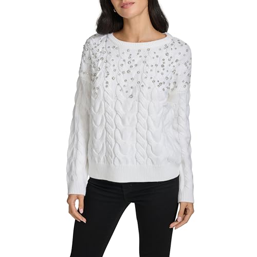 Calvin Klein Women's Cable Crew Neck Crystal Studs Sweater2