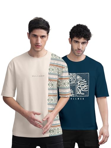 Image of BULLMER Trendy Front and Back Printed Oversized Round Neck T-Shirt for Men - Pack of 2