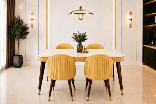 Image of WOODEN SPACE Majestic 4 Seater Wooden Dining Table Set | Urban Marble Top Dining Table with Chairs for Dining Room & Kitchen (Majestic Classic Backline Yellow) (54 x 36 x 30 inch)
