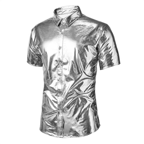 Image of Zando Men's Disco Shirt, Sequin Button-Down for 70s Parties & Halloween | 65% Cotton Blend with Soft-Touch Feel, Spotlight Sequin Look, 70s Disco Party Style, Halloween & New Year Costume Shirt