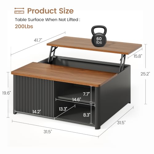 Image of SEDETA 31.5 inch Lift Top Coffee Table with Storage, Square Coffee Tables for Living Room, Fluted Coffee Table with Large Hidden Storage Compartment and Adjustable Shelves, Fluted Black