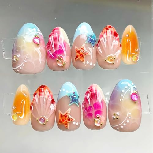 30Pcs Summer Beach Press on Nails Short Almond Fake Nails with 3D...