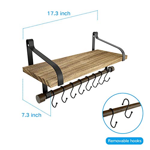 Love-KANKEI Floating Shelf Wall Shelf for Storage Rustic Wood Kitchen Spice Rack with Towel Bar and 8 Removable Hooks for Organize Cooking Utensils or Mugs Carbonized Black - Thumbnail 7
