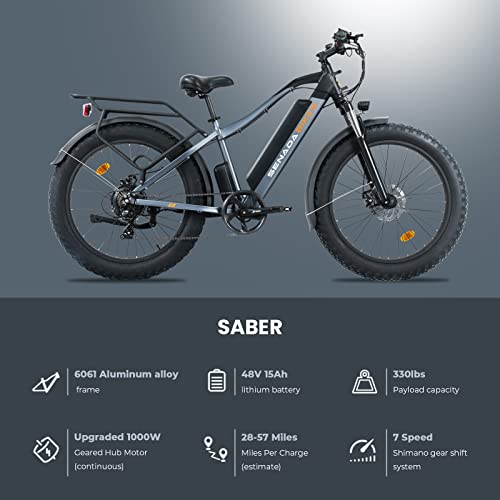 Senada Saber Electric Bike For Adults, 48V 15Ah Battery 1000W Fat Tire Electric Bike Snow Beach Ebike, Long Range 26" X 4" Fat Tire E-Bike, Electric Bicycle With 7-Speed,Ul #TOP3