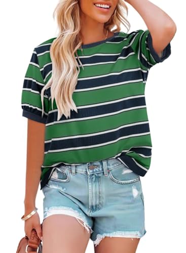 Cuptacc Tunika Damen Rundhals Farbstreifen Halbarm Oberteile Damen Sommer Alltag Basic Baumwolle Farbblock Große Größen Locker Tshirt Grün Blau L Groß