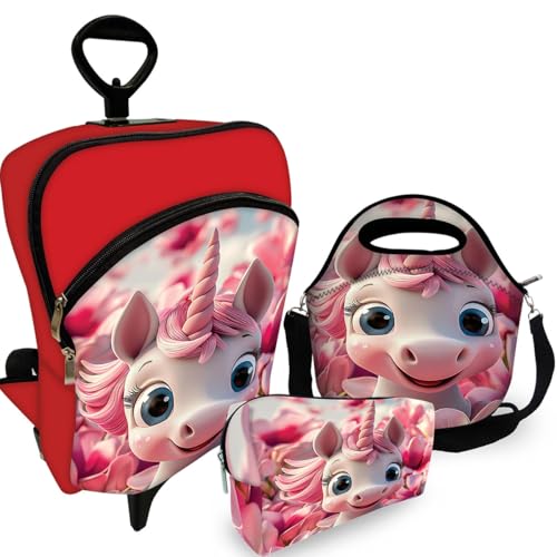 Kit Mochila de Carrinho C/Roda Infantil + Lancheira + Estojo Unicórnio Sorriso