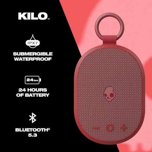 Image of Skullcandy Kilo XT Wireless Bluetooth Speaker - IPX7 Waterproof Mini Bluetooth Speaker with 24 Hour Battery, Downward Firing Passive Radiator, and True Wireless Pairing - Perfect for Outdoor (Red)