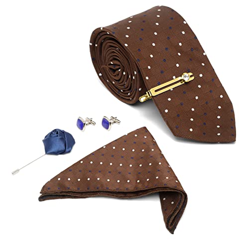 Image of LOUIS STITCH Mens Silk NeckTie Golden Tiepin Gift Combo Set With Pocket Square Cufflinks Brooch Tie Golden Tiepin (Suit Accessories) (Britain)